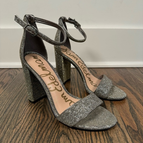 Sam Edelman Yaro Ankle Strap Heels Silver Metallic Block Heel Sandals NYE Size 6 - Picture 1 of 8